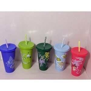 Starbucks 12oz Plastic Cups With Lid/staw Lot Of 5 Multi Color
